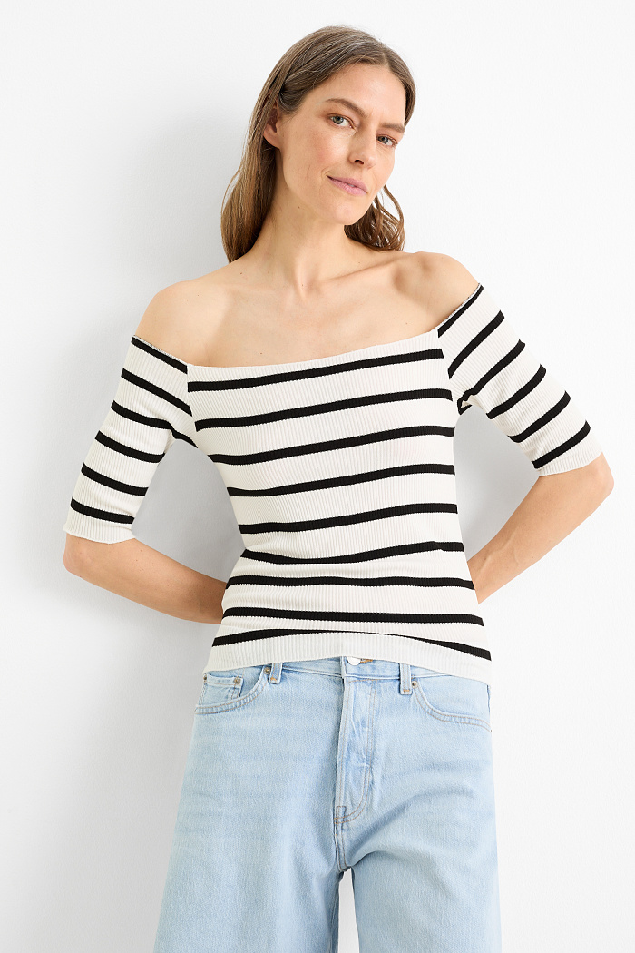 C&A T-Shirt-Regular Fit-gerippt-gestreift, Weiß, Größe: XS