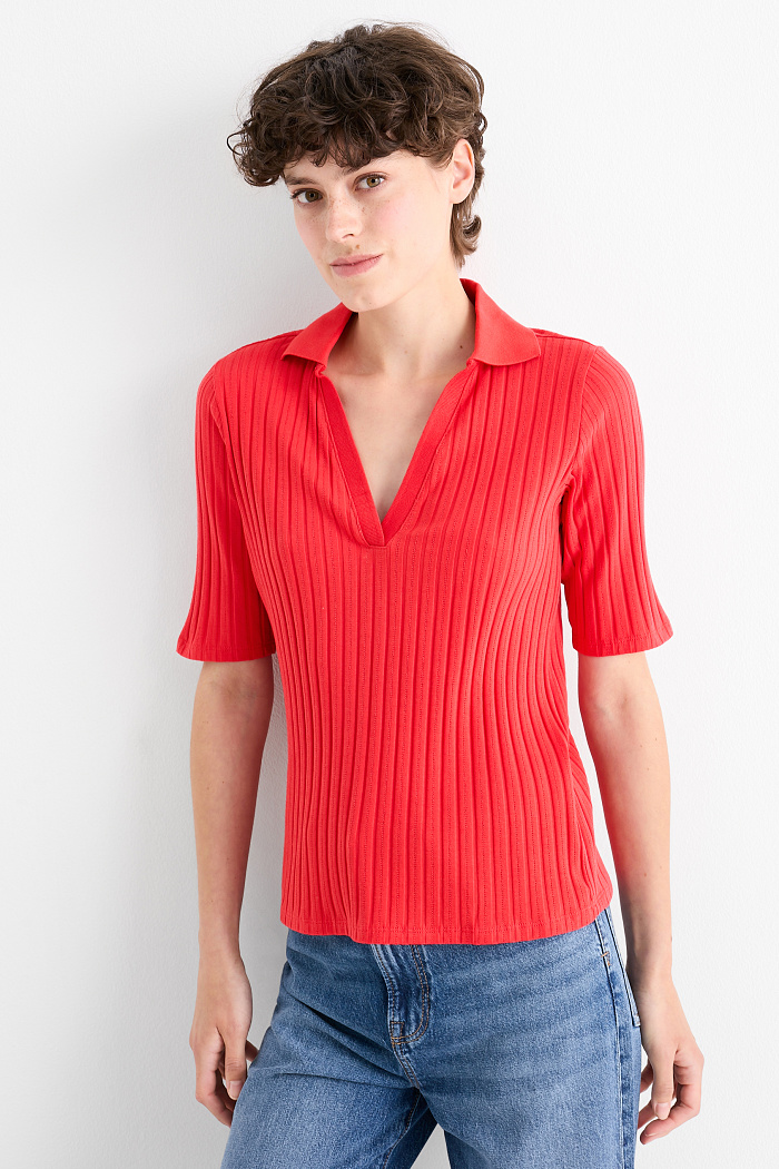 C&A T-Shirt mit V-Ausschnitt-Regular Fit-gerippt, Rot, Größe: S