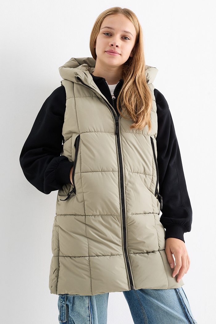 C&A Lange Steppweste mit Kapuze-wasserabweisend, Braun, Größe: 164