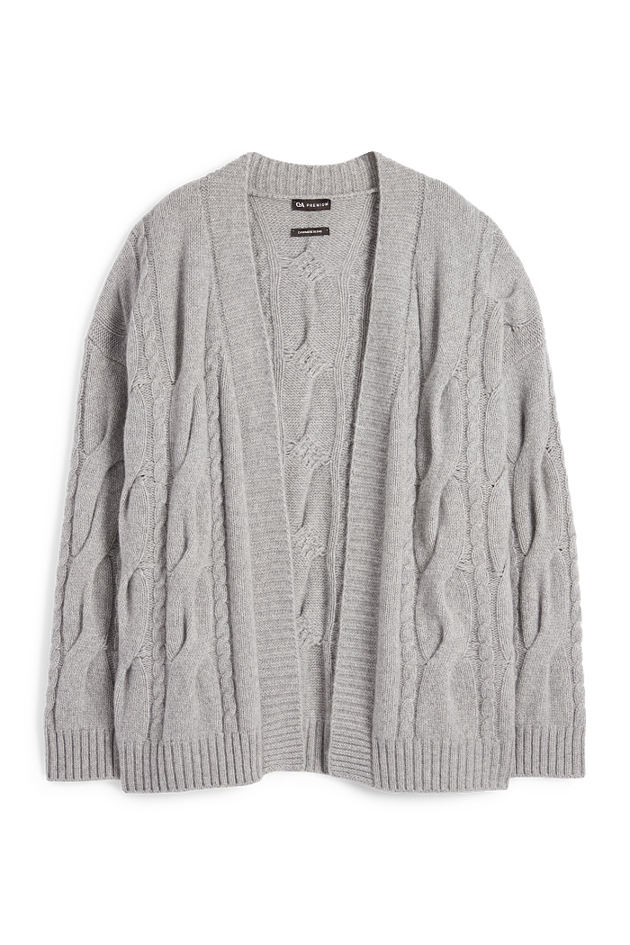 C&A Kaschmir-Strickjacke-Zopfmuster, Grau, Größe: M