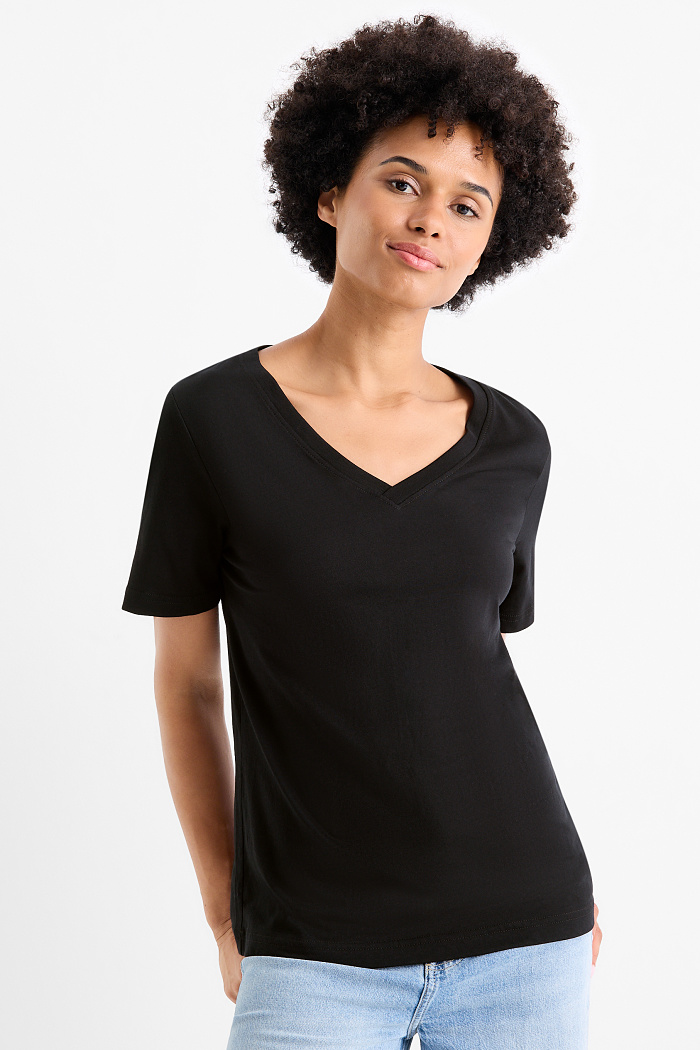 C&A T-Shirt mit V-Ausschnitt-Regular Fit, Schwarz, Größe: L