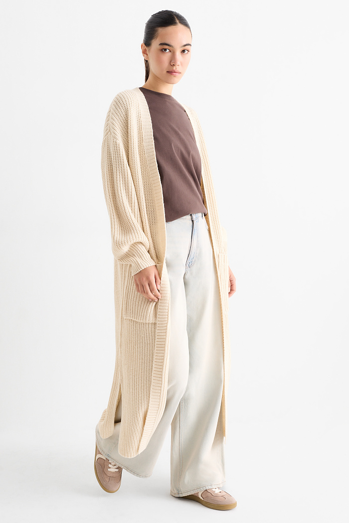C&A Lange Strickjacke-gerippt, Beige, Größe: L