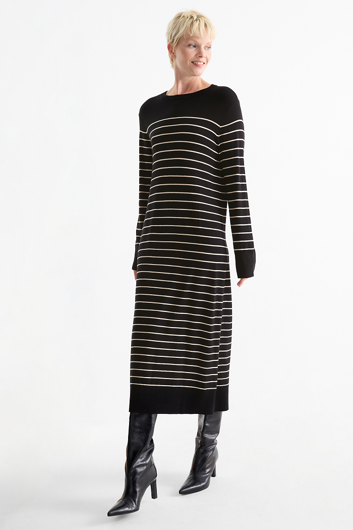 C&A Strickkleid-gestreift, Schwarz, Größe: M