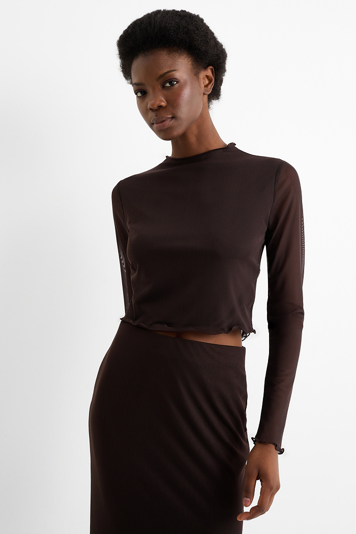 C&A Crop Langarmshirt-Slim Fit-Mesh, Schwarz, Größe: XL