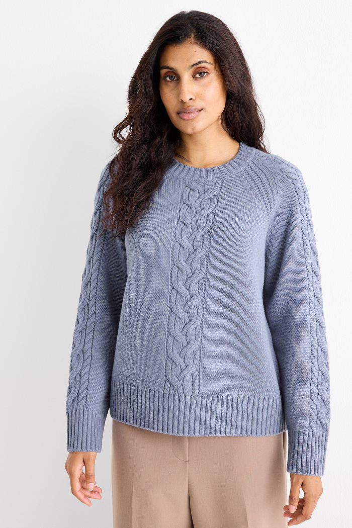 C&A Kaschmir-Pullover-Zopfmuster, Blau, Größe: M