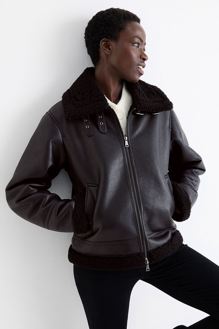 C&A Faux Shearling Jacke-Lederimitat, Schwarz, Größe: S