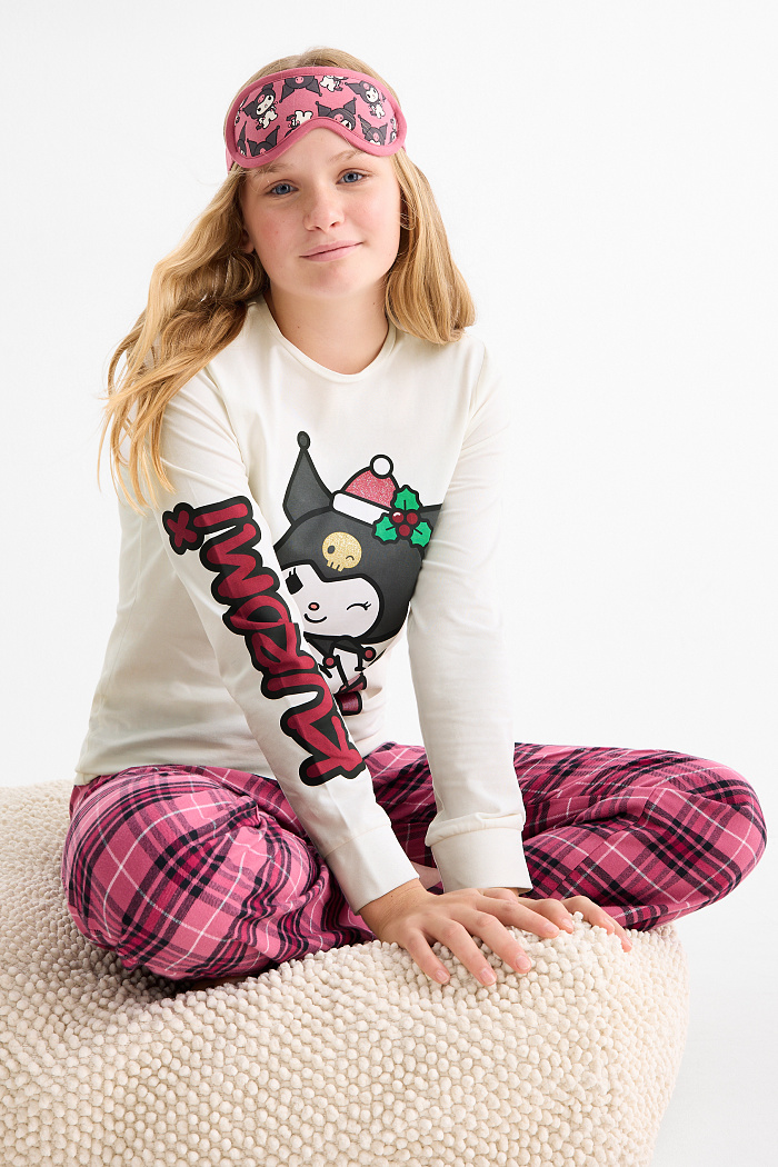 C&A Kuromi-Set-Pyjama mit Flanellhose und Schlafmaske, Weiß, Größe: 128
