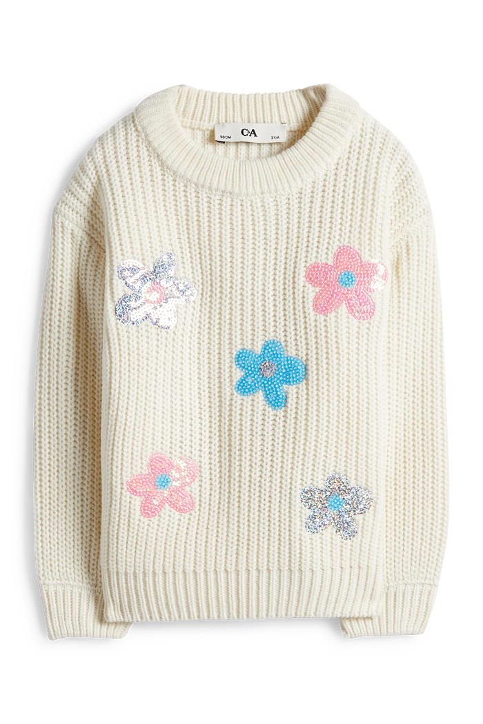 C&A Blume-Pullover-gerippt, Weiß, Größe: 92