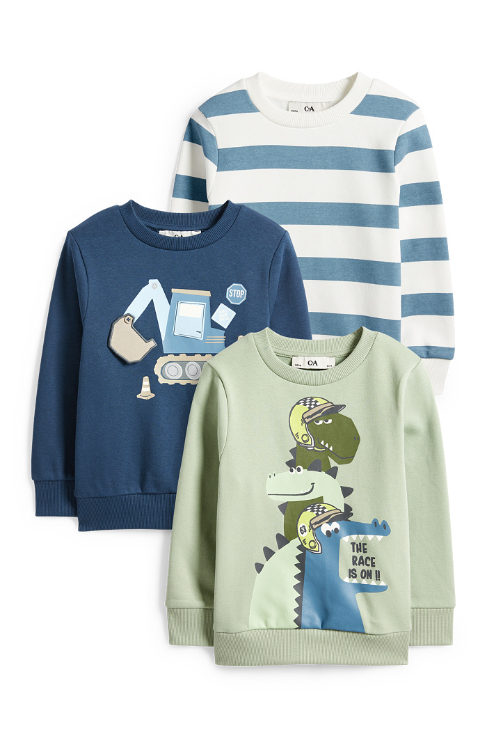 C&A Multipack 3er-Dino und Bagger-Sweatshirt, Grün, Größe: 134
