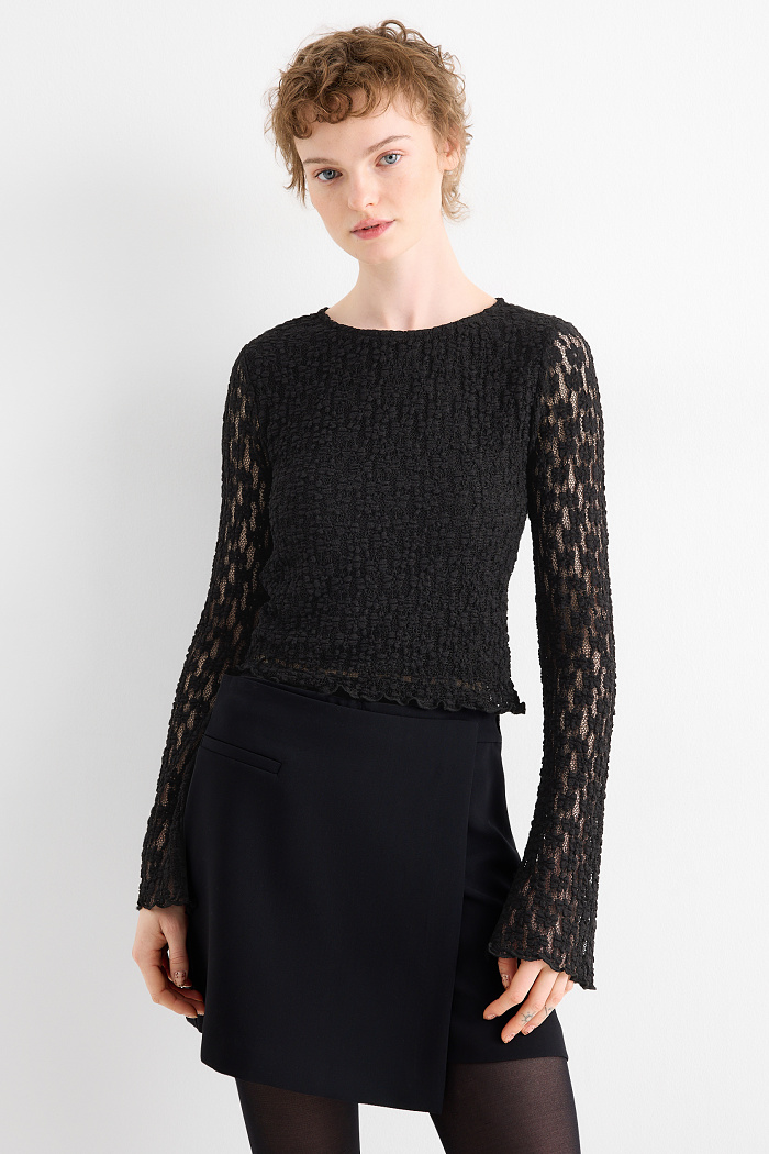 C&A Crop Spitzen-Langarmshirt-Slim Fit, Schwarz, Größe: XS