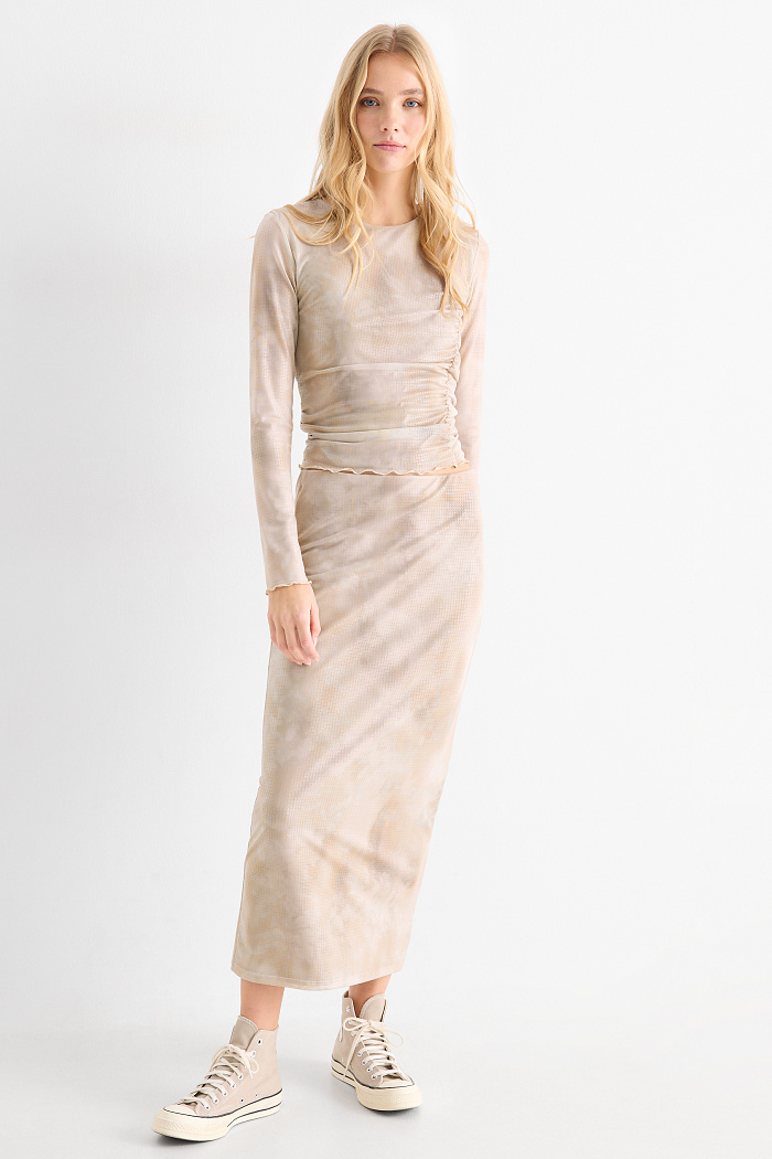 C&A Mesh-Rock-gemustert, Beige, Größe: XS