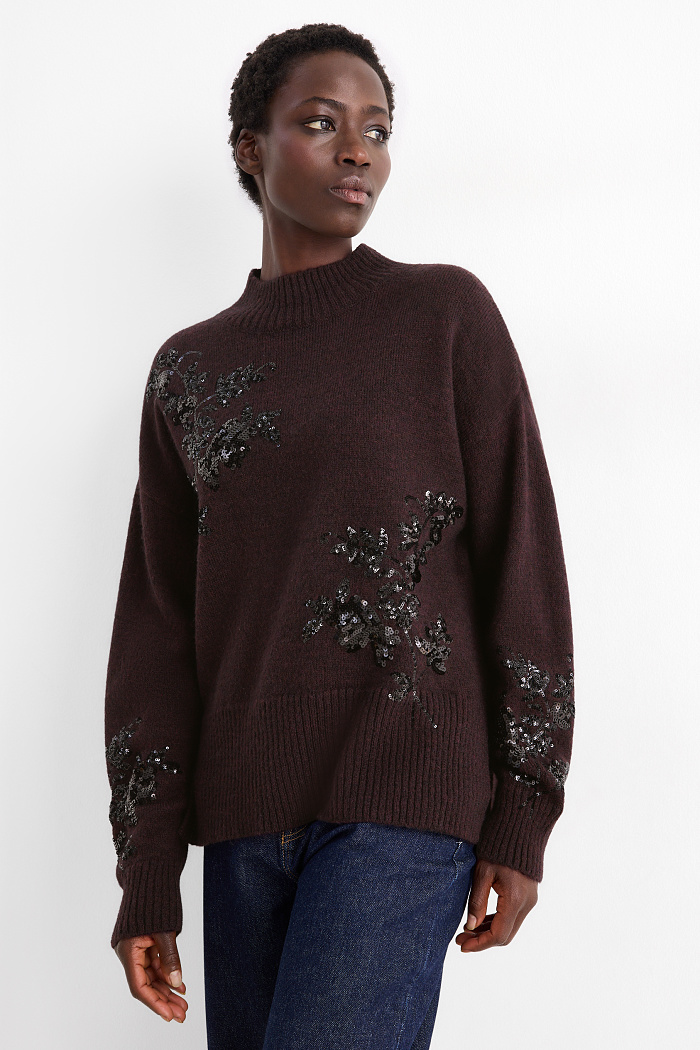 C&A Pullover-Woll-Mix-Glanz-Effekt, Braun, Größe: M