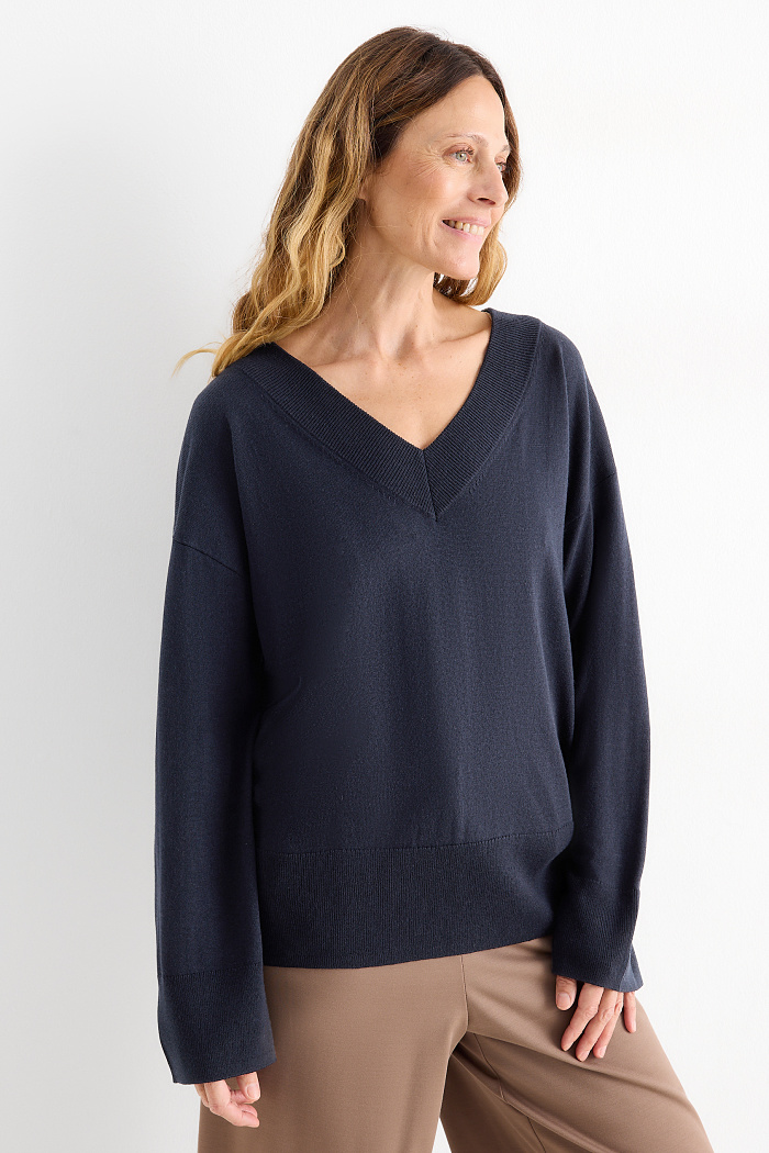 C&A Pullover mit V-Ausschnitt, Blau, Größe: M