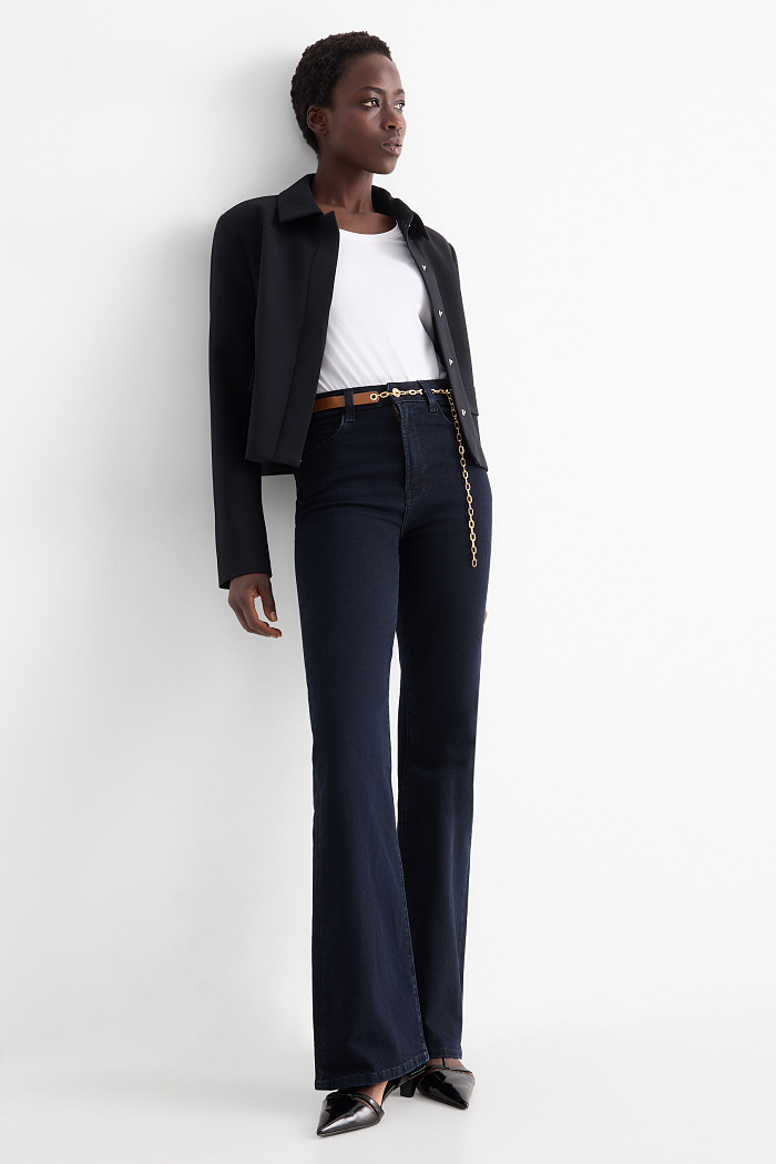 C&A Flared Jeans mit Gürtel-High Waist-LYCRA , Blau, Größe: 46