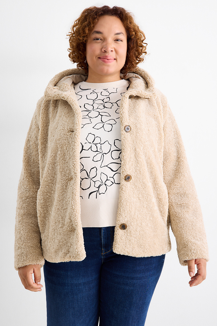 C&A Teddy-Jacke mit Kapuze, Beige, Größe: 4XL