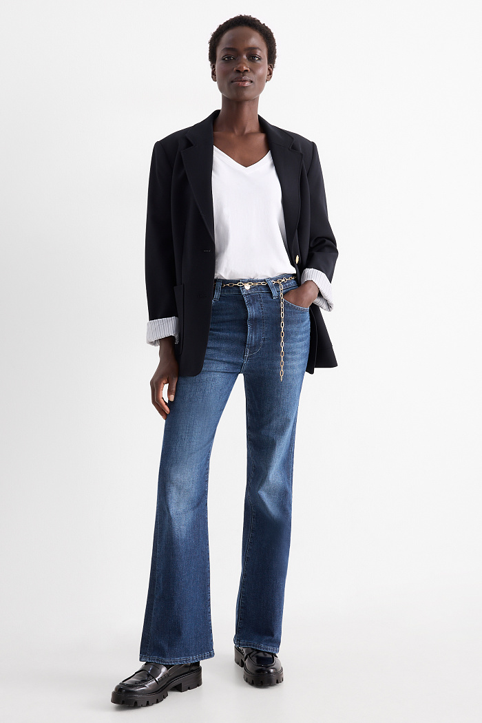 C&A Flared Jeans mit Gürtel-High Waist-LYCRA , Blau, Größe: 40