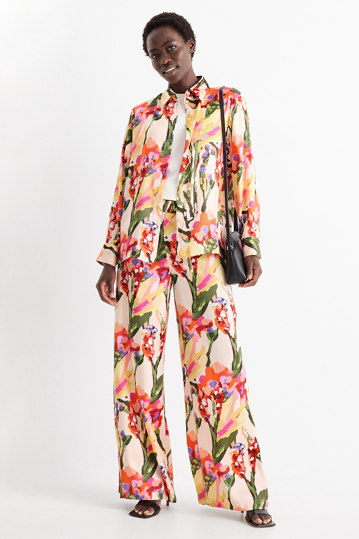 C&A Stoffhose-High Waist-Wide Leg-geblümt, Bunt, Größe: 40