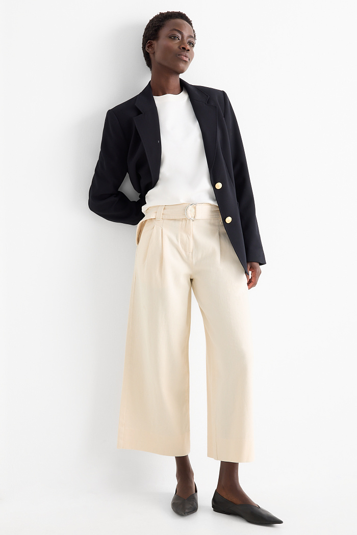 C&A Crop Stoffhose mit Gürtel-High Waist-Wide Leg, Beige, Größe: 44