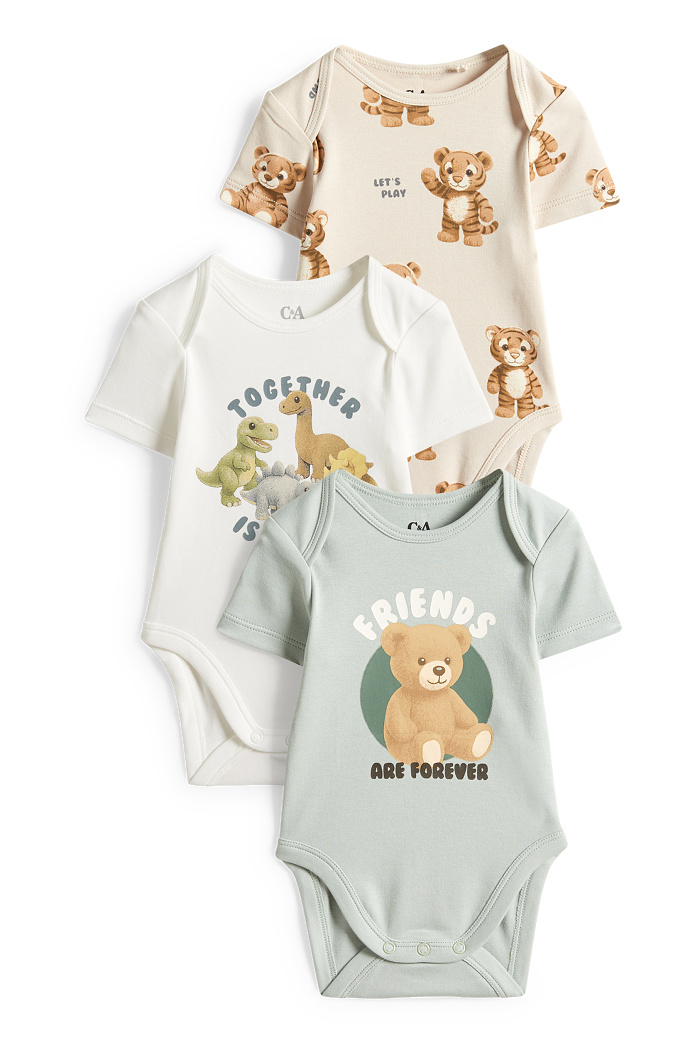 C&A Multipack 3er-Teddybär, Dino und Tiger-Baby-Body, Beige, Größe: 86