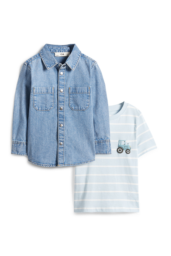 C&A Traktor-Set-Kurzarmshirt und Jeanshemd-2 teilig, Blau, Größe: 140