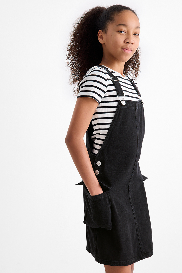 C&A Set-Kurzarmshirt und Jeans-Latzkleid-2 teilig, Schwarz, Größe: 128