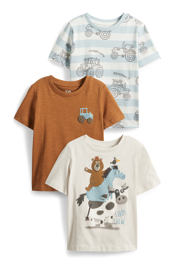 C&A Multipack 3er-Traktor-Kurzarmshirt, Beige, Größe: 134