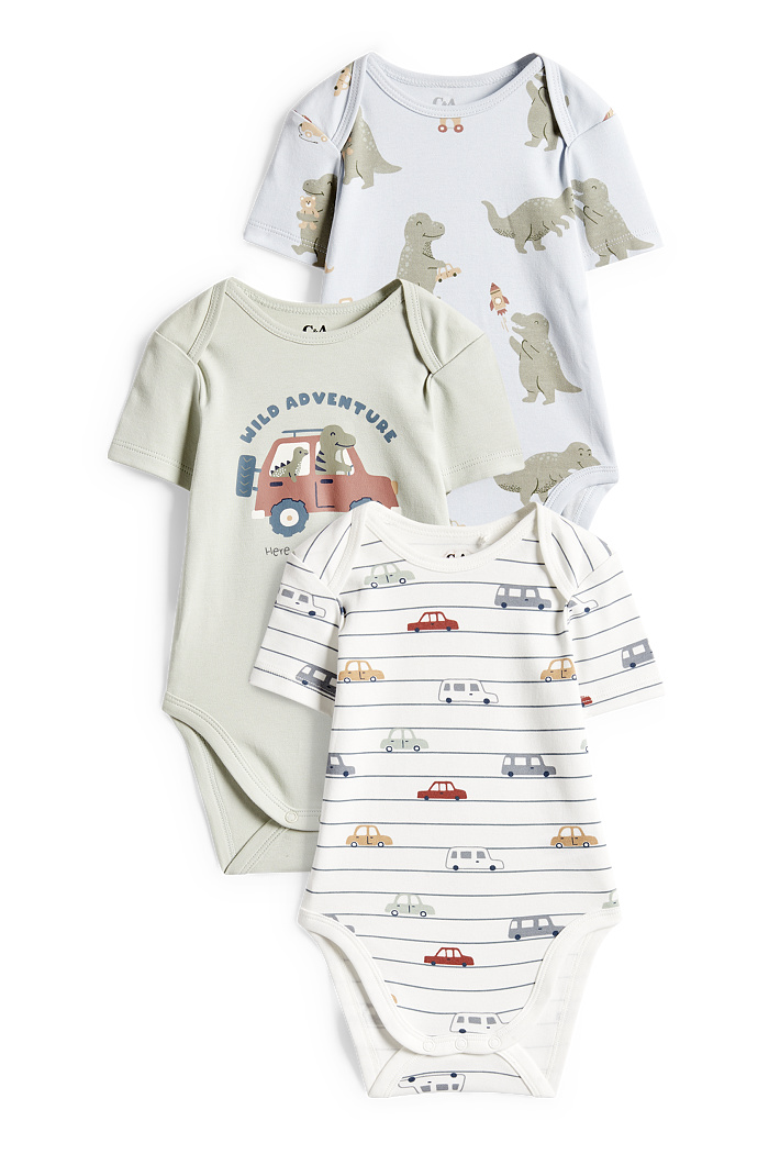 C&A Multipack 3er-Dino und Auto-Baby-Body, Weiß, Größe: 98