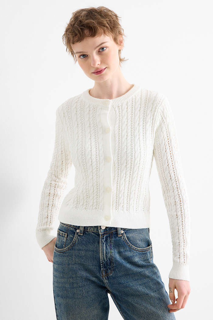 C&A Strickjacke-Zopfmuster, Weiß, Größe: L