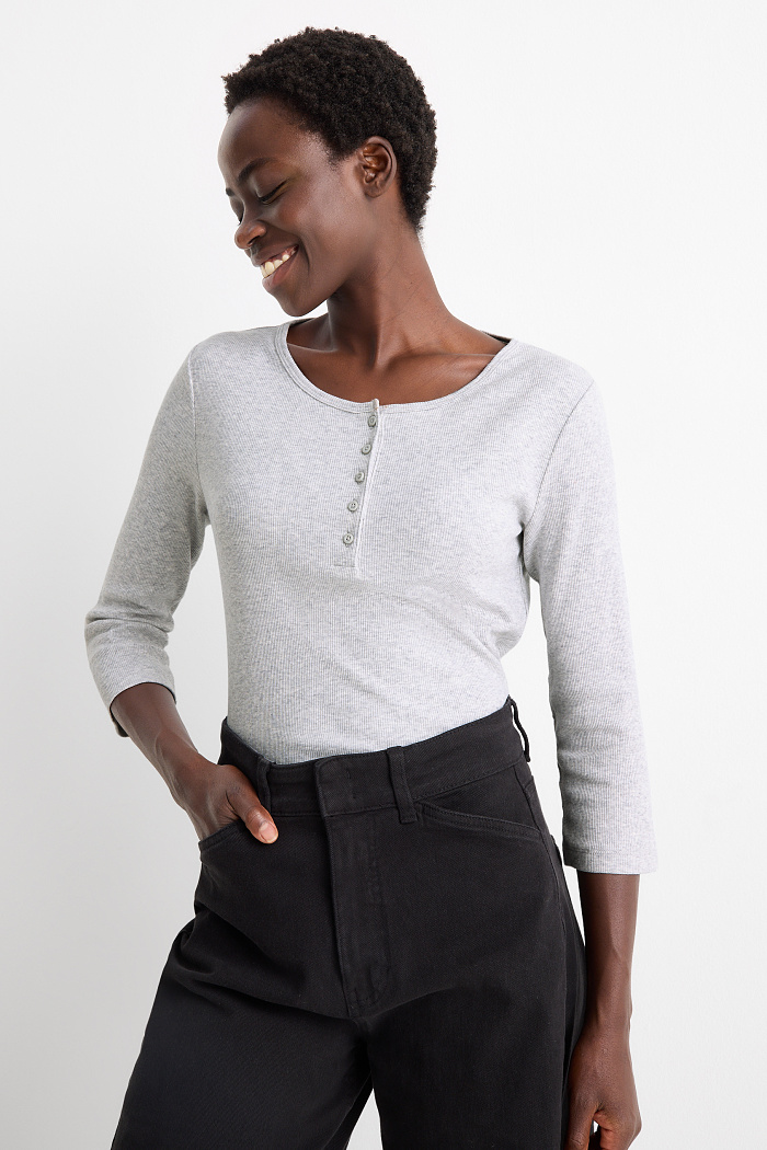 C&A Henley-Shirt-Slim Fit-gerippt, Grau, Größe: L