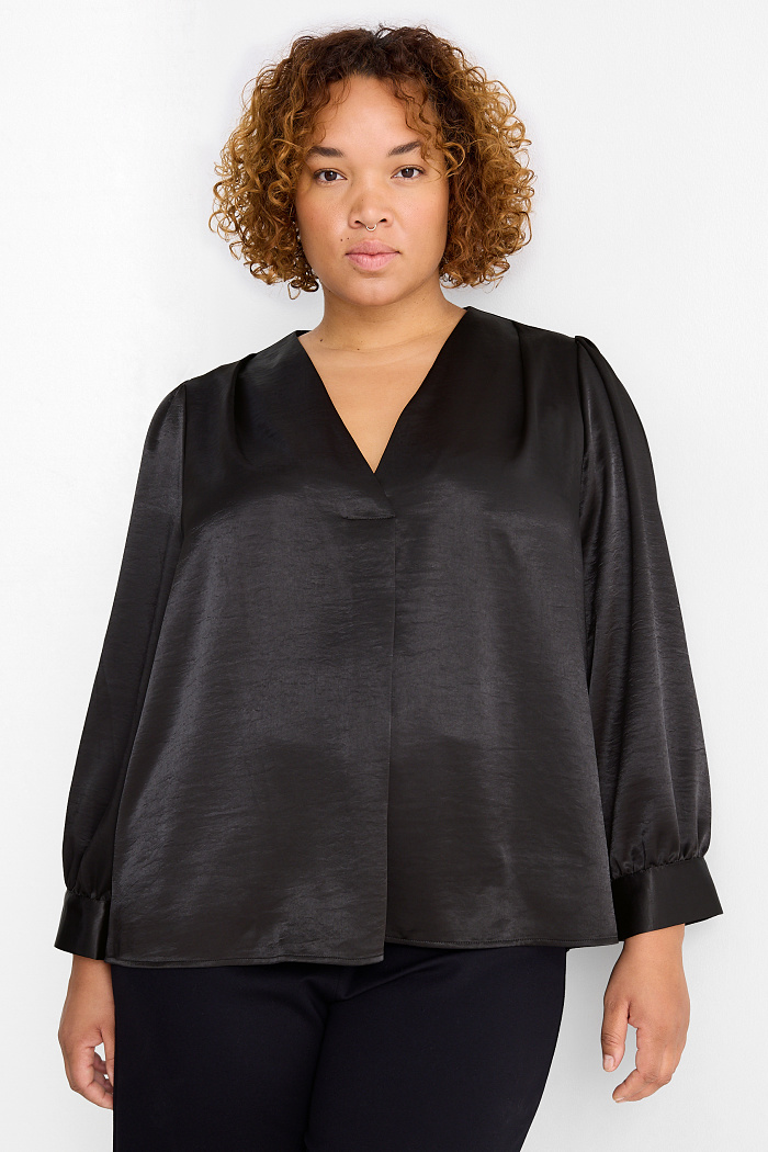 C&A Satin-Bluse mit V-Ausschnitt, Schwarz, Größe: 2XL