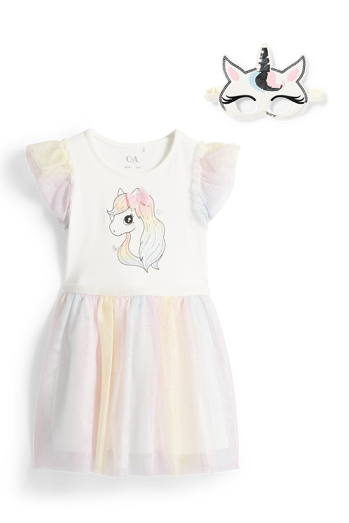 C&A Einhorn-Set-Kleid und Maske-2 teilig-Glanz-Effekt, Weiß, Größe: 92