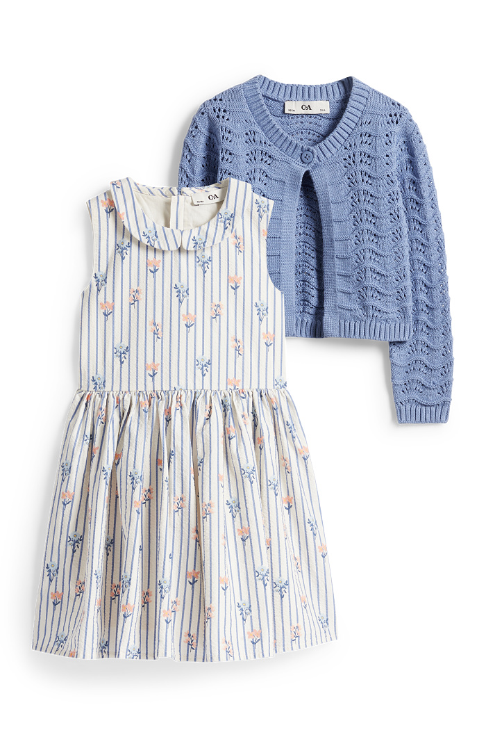 C&A Blume-Set-Kleid und Strickjacke-2 teilig, Blau, Größe: 116