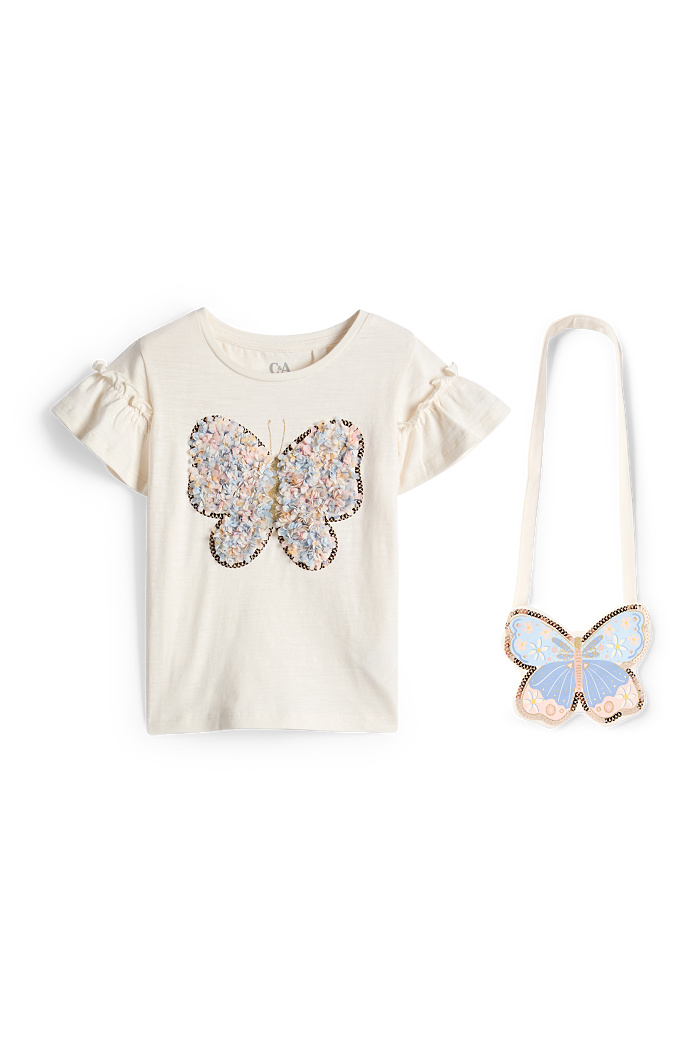 C&A Schmetterling-Set-Kurzarmshirt und Tasche-2 teilig, Weiß, Größe: 128