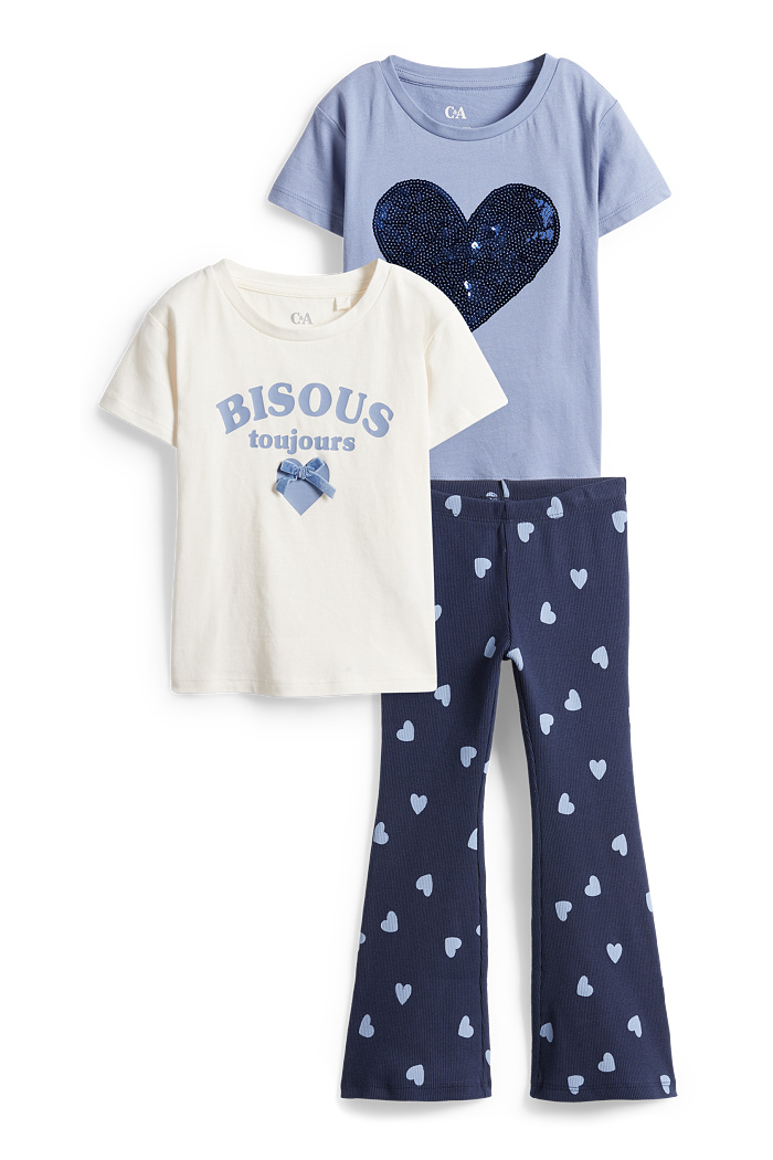 C&A Herz-Set-2 Kurzarmshirts und Flared Leggings-3 teilig, Blau, Größe: 104