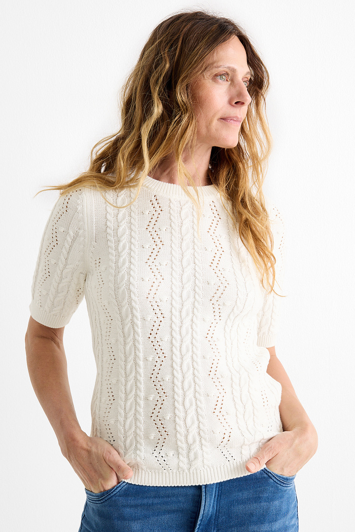 C&A Strickpullover-kurzarm-Zopfmuster, Weiß, Größe: S