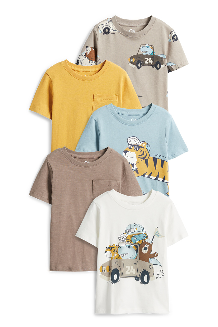 C&A Multipack 5er-Tiger, Bär und Dino-Kurzarmshirt, Weiß, Größe: 110