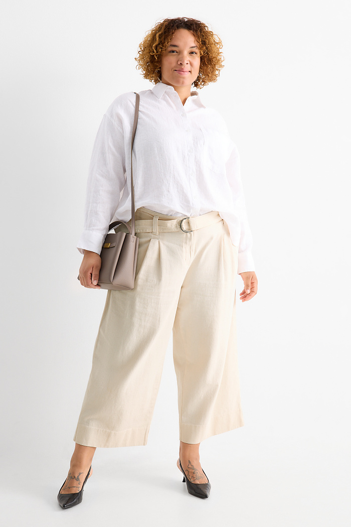 C&A Crop Stoffhose mit Gürtel-High Waist-Wide Leg, Beige, Größe: 58