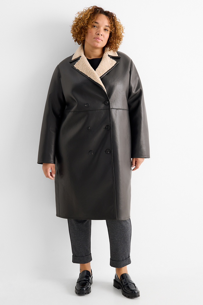 C&A Faux Shearling Mantel-Lederimitat, Schwarz, Größe: 56