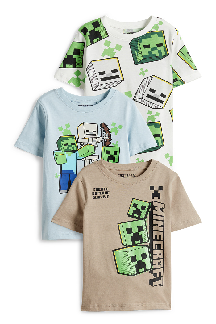 C&A Multipack 3er-Minecraft-Kurzarmshirt, Weiß, Größe: 140