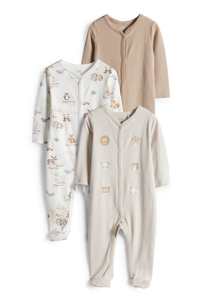 C&A Multipack 3er-Wildtiere-Baby-Schlafanzug, Beige, Größe: 56