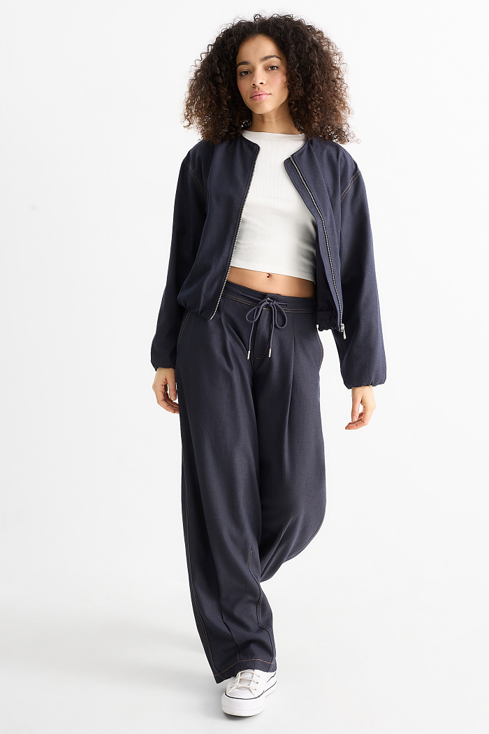 C&A Stoffhose-Mid Waist-Balloon Leg-Jeans-Look, Blau, Größe: 34