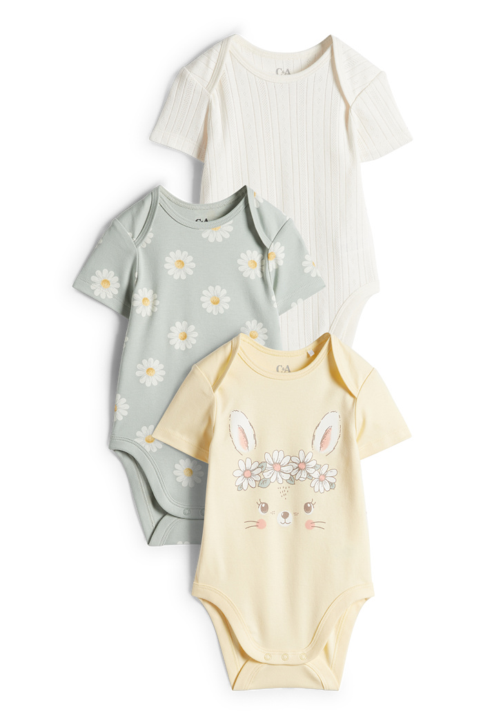 C&A Multipack 3er-Häschen und Blümchen-Baby-Body, Gelb, Größe: 92