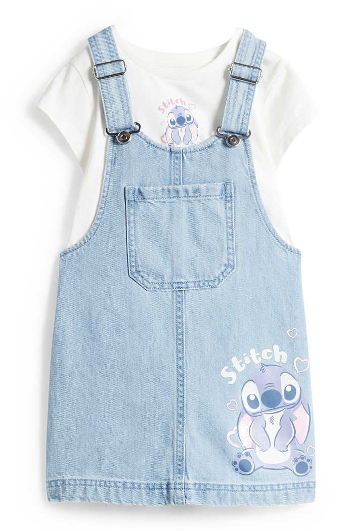C&A Lilo & Stitch-Set-Kurzarmshirt und Jeans-Latzkleid, Weiß, Größe: 128
