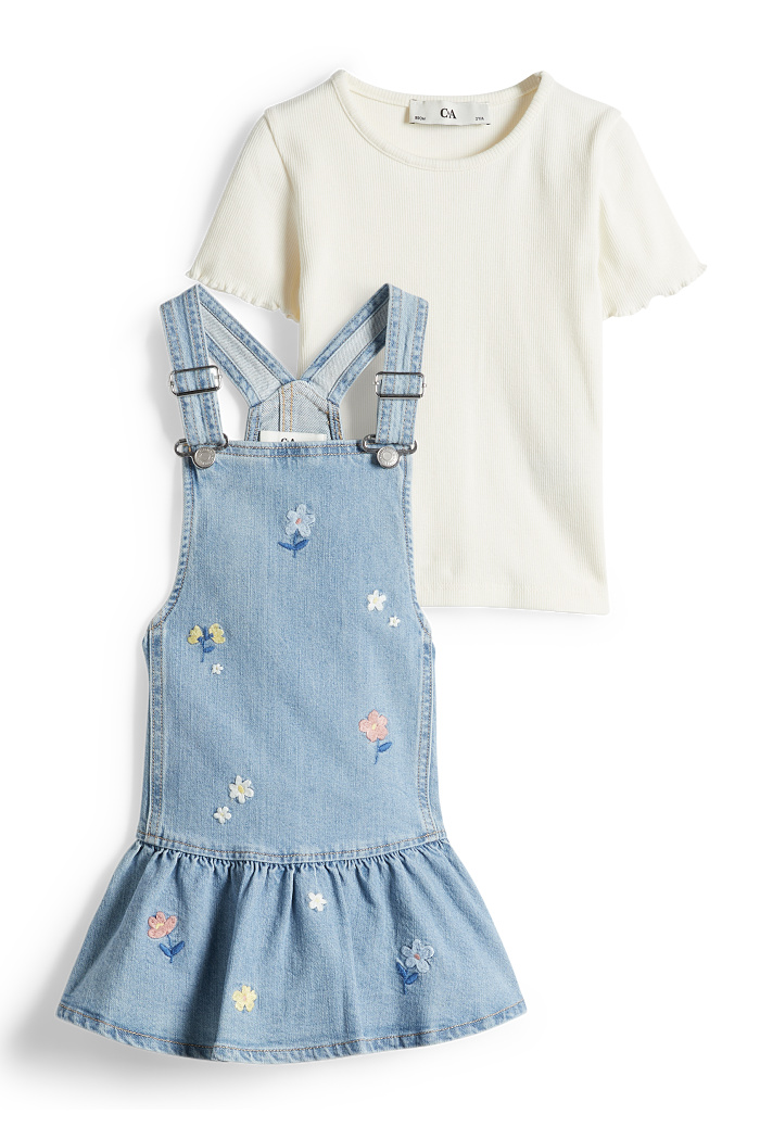 C&A Blume-Set-Kurzarmshirt und Jeans-Latzkleid-2 teilig, Blau, Größe: 134