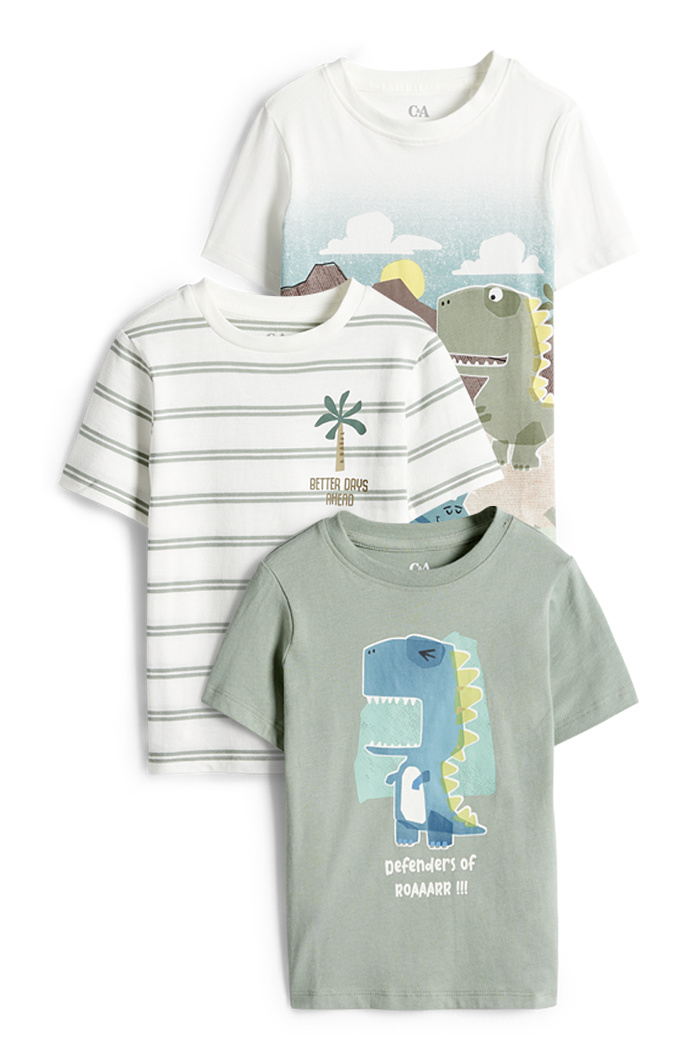 C&A Multipack 3er-Dino-Kurzarmshirt, Weiß, Größe: 140