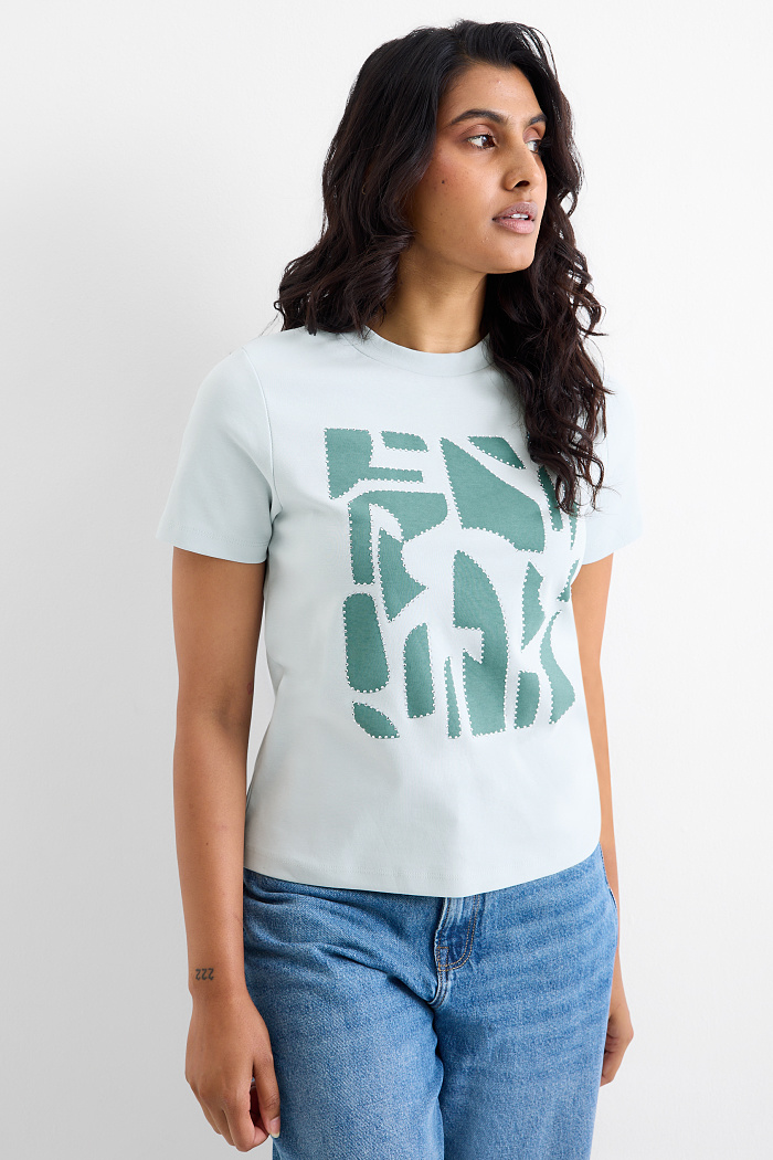 C&A T-Shirt mit Strasssteinen-Regular Fit, Türkis, Größe: XL