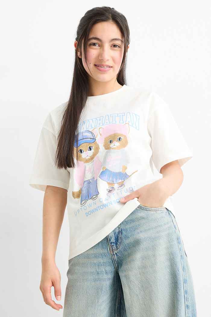 C&A Katze-Kurzarmshirt, Weiß, Größe: 170