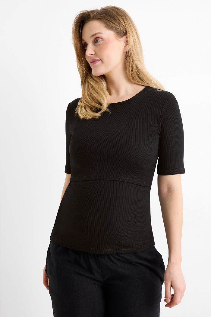 C&A Still-T-Shirt-Slim Fit-gerippt, Schwarz, Größe: S