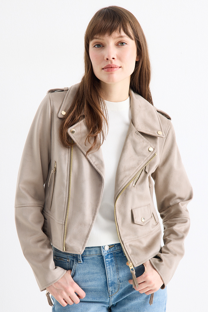 C&A Bikerjacke-Velourslederimitat, Grau, Größe: 50
