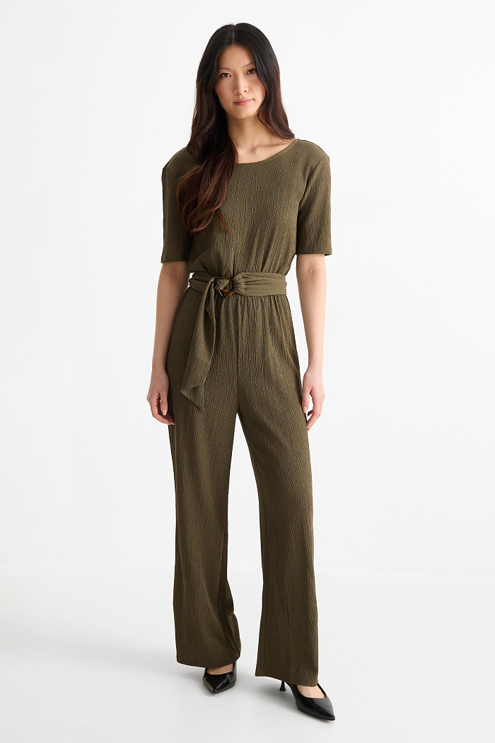 C&A Jumpsuit mit Gürtel-strukturiert, Braun, Größe: XL